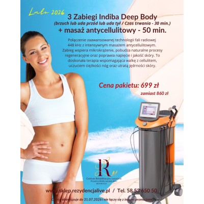 Pakiet Letni: 3x Zabieg Indiba Deep Body + Masaż Antycellulitowy (50 min)